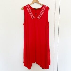 Adrianna Papell red knit handkerchief hem dress white embroidered‎ front 1X NEW